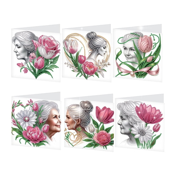 6pcs Diamond Painting Kit Greeting Cards, Tulip Elderly 5D Handmade Art Birthday Holiday Gift Cards with Envelopes