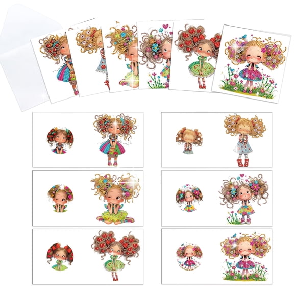 6pcs Diamond Painting Kit Greeting Cards, Whimsical Lady 5D Handmade Art Birthday Holiday Gift Cards with Envelopes