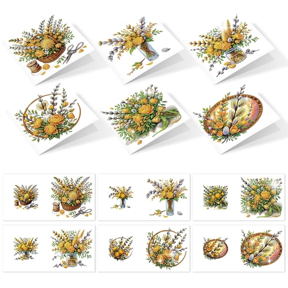 6pcs Diamond Painting Kit Greeting Cards, Yellow Bouquet Design 5D Handmade Art Birthday Holiday Cards with Envelopes, Christmas Gift