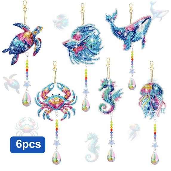 6pcs Diamond Painting Wind Chimes, EEEkit Ocean Animal DIY Rhinestone Craft Outdoor Decor