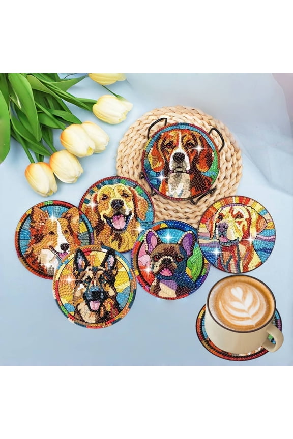 6pcs Dogs DIY Diamond Coasters Art Painting Kits With Holder, Diamond Coasters By Number, Adults Crafts Full Drill Round Mosaic Stitch Art Craft Gift, Home Decoration Coaster