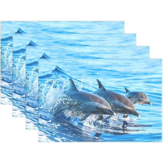6pcs Dolphin Leaping Out of Waters Placemat - 12x18in - Washable Heat Crease Resistant Printed Place Mat for Kitchen Dinner Table