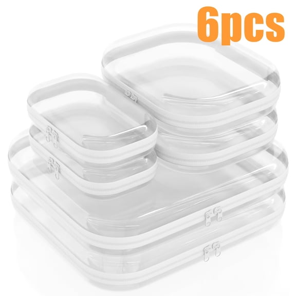 6pcs Double Zippered Hard Pouch, Transparent Storage Bag, 3 Different Sizes, Hard Plastic Pencil Case, Clay Organizer, Clear Hard-Shell Zip Case, Portable Makeup Bag for Holidays, Bathroom & Storage