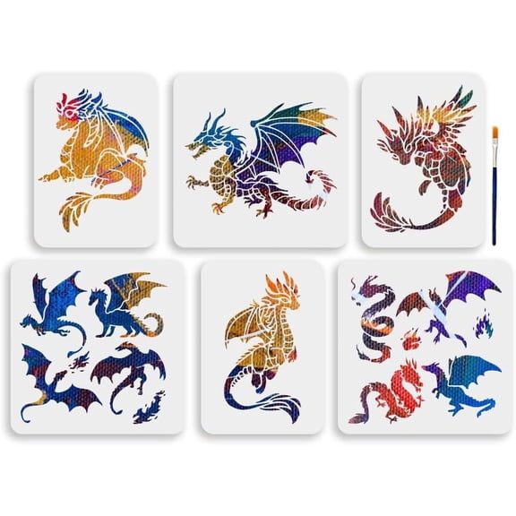 6pcs Dragon Stencils 11.811.8/11.78.3inch Medieval Dragon Stencil Reusable Evil Dragon Chinese Loong Dragon Flame Templates for Painting on Wood Wall Fabric Home Decor Colorful DIY