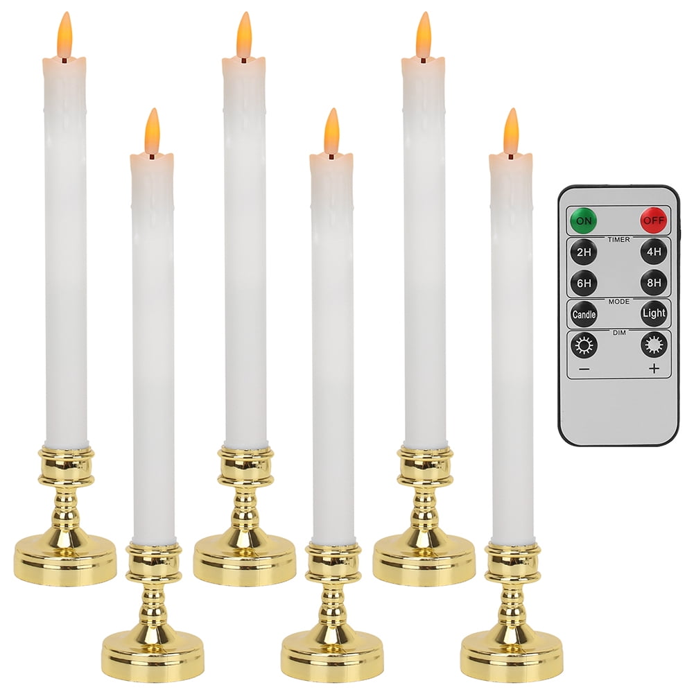 White Flameless Taper Candles with Gold Holders, 6-Pack