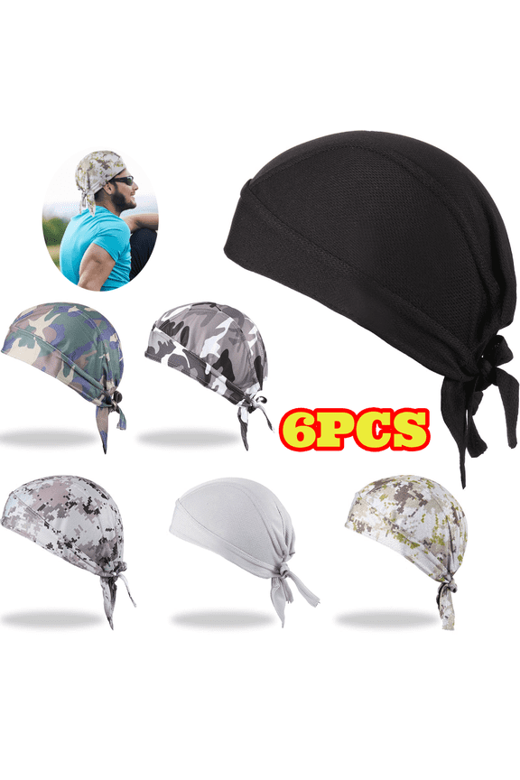 6pcs Durag Skull Caps for Men, Sweat Wicking Cooling Motorcycle Head Wrap Bandanas
