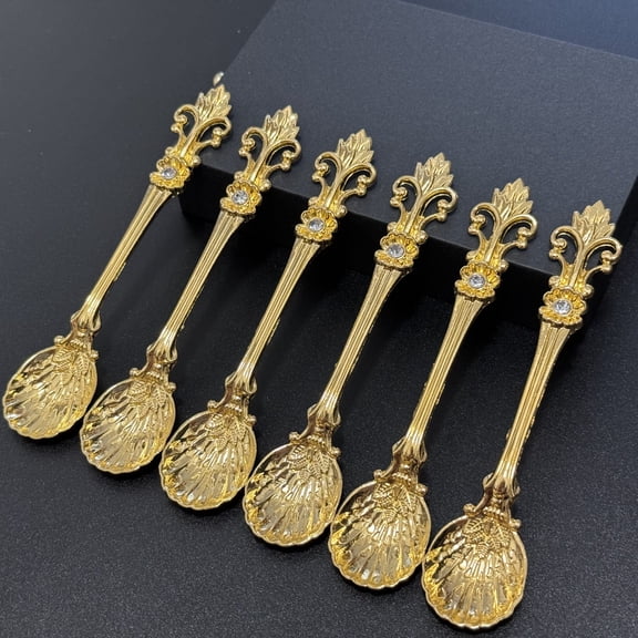 6pcs Elegant Baroque-Style Gold-Plated Teaspoons with Ornate Floral Design And Jewel Accents - Ideal for Coffee, Tea, Caviar, Dessert