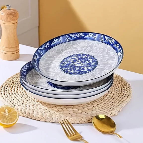 6pcs Elegant Blue And White Ceramic Dinnerware Set, Large Round Plates with Floral Design, Microwave And Dishwasher Safe, Suitable for Main Courses And Holiday Dining
