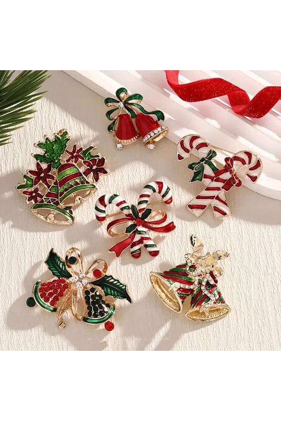 6pcs Elegant Vintage Christmas Brooch Pin Sparkling Rhinestone Crystal Jewelry with Tree Wreath Bell Designs Classic Holiday Statement Piece