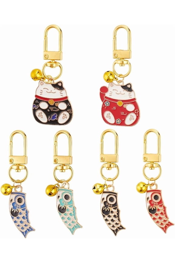 6pcs Enamel Cat Collar Bells Alloy Koi Fish Bell Charms with Swivel Clasps Lucky Cat Collar Pendants with Bells Clip-on Charms for Pet Cat Dog Necklace DIY Keyring Pendants Bag Decor for DIY