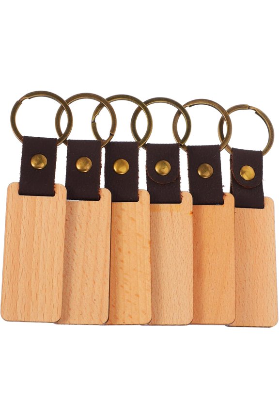6pcs Engravable Wooden Keychain Blanks for DIY Craft Zinc Alloy Leather Key Ring Hanging Ornament Rectangle Shape Keychains for Personalization