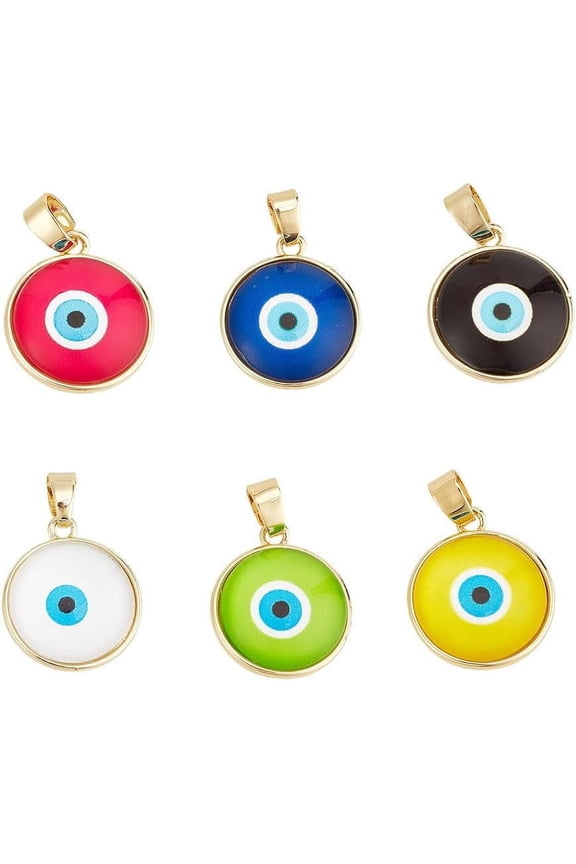 6pcs Evil Eye Charm Pendant16 MM Round Glass Turkish Blue Evil Eye Jewelry Beads with Jump Ring for Good Luck DIY Jewelry Making Bracelet Earring Necklace Craft Supplies