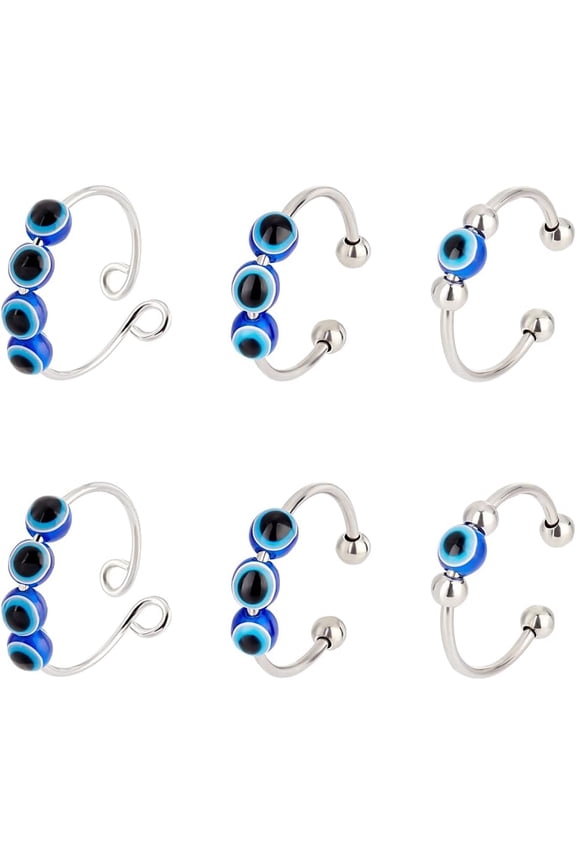 6pcs Evil Eye Rings 3 Styles Adjustable Resin Evil Eye Rings Stainless Steel Blue Eye Rings Lucky Spinner Beaded Rings Open Cuff Rings for Men Women Gifts