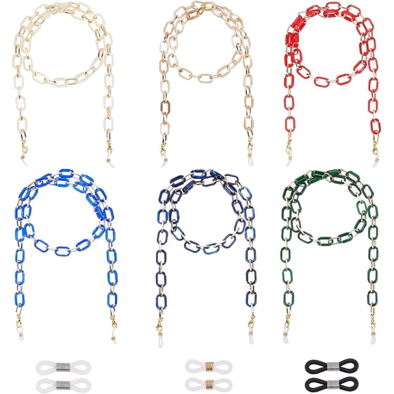 6pcs Eyeglasses Chains Neck Strap for DIY Eyeglasses with Imitation Gemstone Style Acrylic Aluminium Paperclip Chains Alloy Lobster Claw Clasps and Rubber Loop Ends 29.25 inches