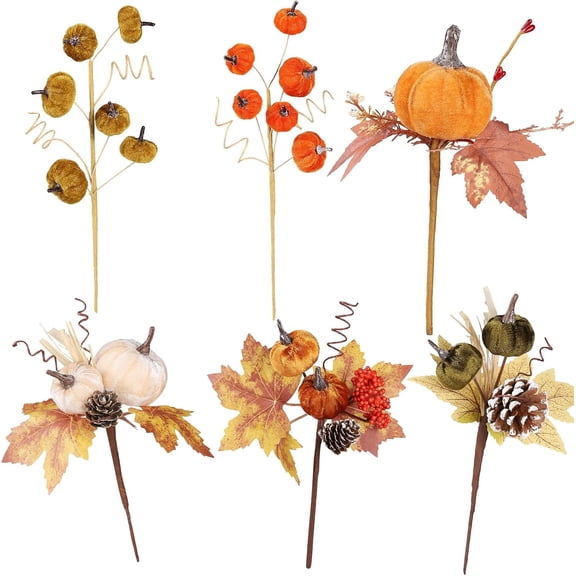 6pcs Fall Floral Picks 8-11.5" Autumn Pumpkin Picks Maple Leaves Stems Artificial Fall Flower for Harvest Halloween Thanksgiving Christmas DIY Table Centerpiece Farmhouse Home Decor