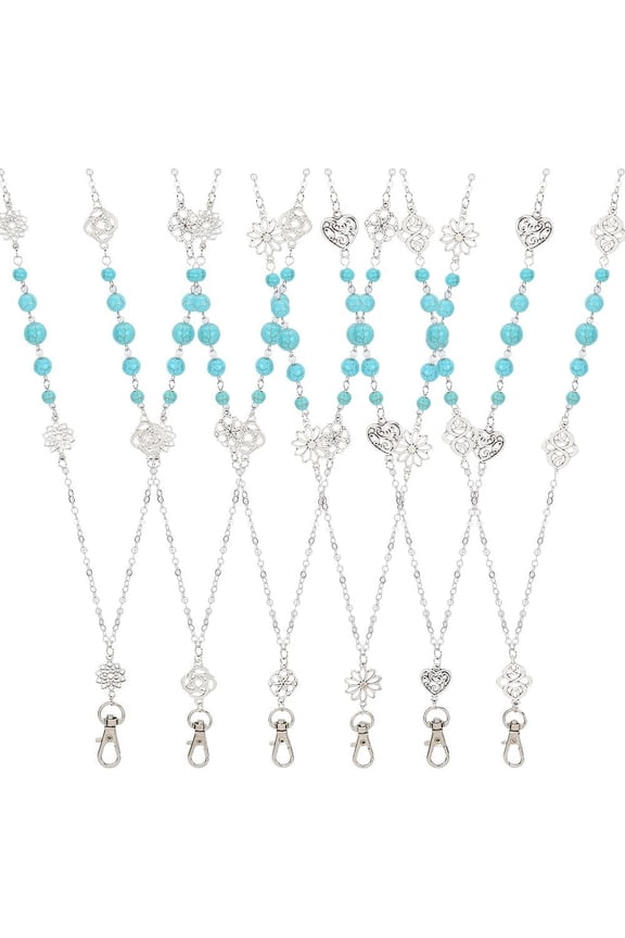 6pcs Fancy Lanyards Beaded Id Badge Necklace Alloy Turquoise Cute Gem Stones ID Names Card Breakaway Reel Lanyards Set with Clasp for Office Teachers Card Holders for DIY