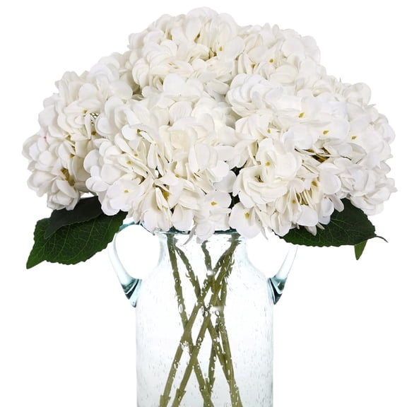6 Pcs Faux White Hydrangeas Fake Flowers Artificial Silk Hydrangea Flower With Stems Bouquets Arrangement for Home Table Centerpieces Wedding Baby Shower Birthday Party Decoration(White)