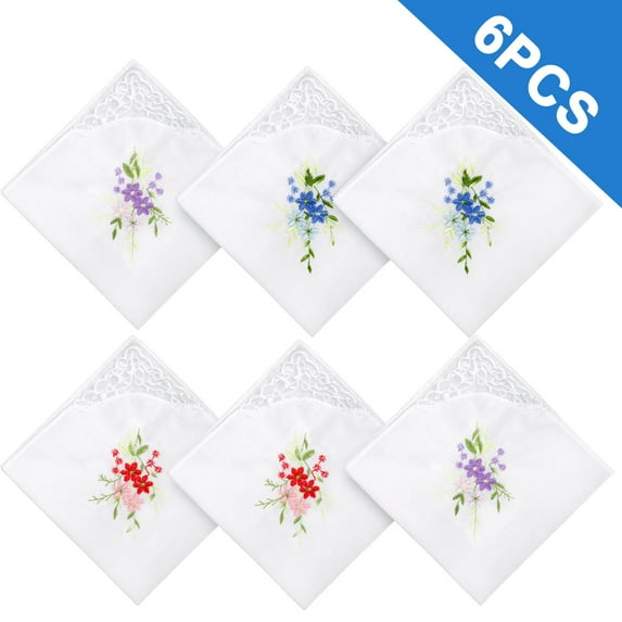6pcs Floral Embroidered Handkerchiefs, EEEkit 11x11'' Soft Cotton Hankies with Lace Edge for Women