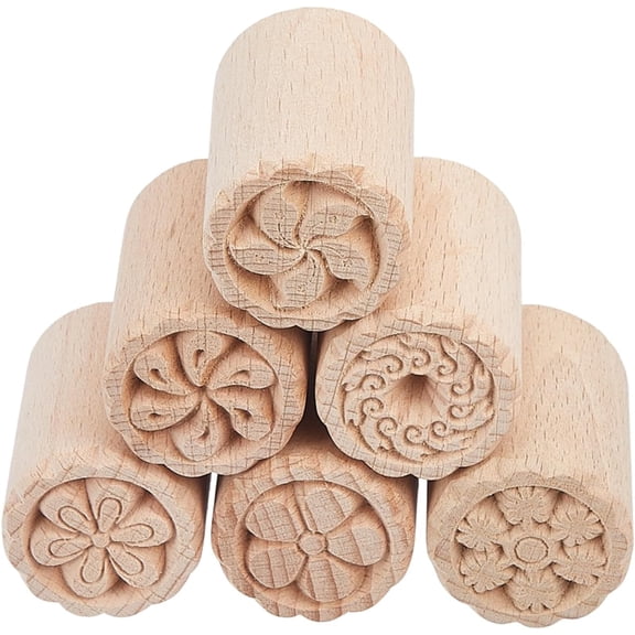 6pcs Floral Wooden Pottery Clay Stamp Set Column Wooden Stamps for DIY Clay Hand Carved Stamps DIY Pottery Printing Blocks with Mixed Patterns