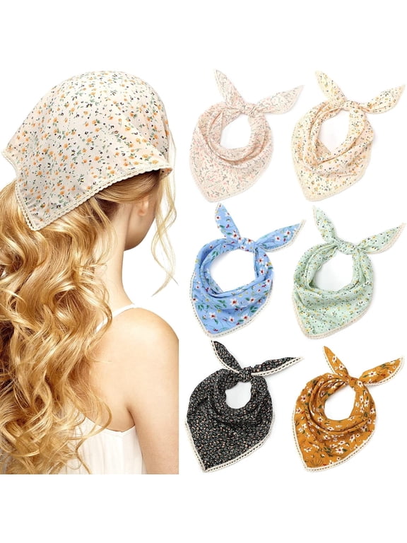 6pcs Flower Bandanas Head Kerchief for Women, Chiffon Hair Scarf Triangle Head Kerchief with Ties