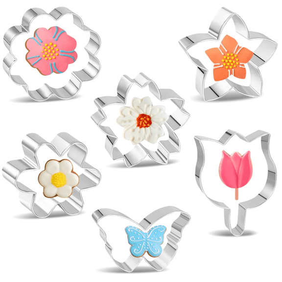 6pcs Flower Cookie Cutter Set, Flower Shaped Cookie Cutter-Daisy, Tulip, Butterfly, Stainless Steel Cookie Cutters, Baking Tool for Homemaking Cookie