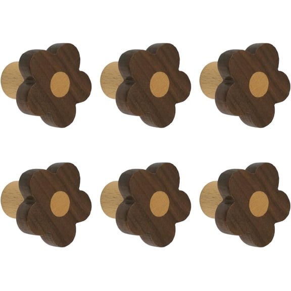 6pcs Flower Shaped Wooden Cabinet Knobs, Single Hole Walnut Wood Handles Nursery Pulls for Chest of Drawers with Screws & Expansion Tube