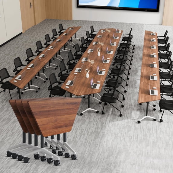 6pcs Folding Conference Table with Wheels,47.2in Training Meeting Table with Flip-Top & Strong Metal Frame,Trapezoid Design for Classrooms & School Office Spaces(Walnut)