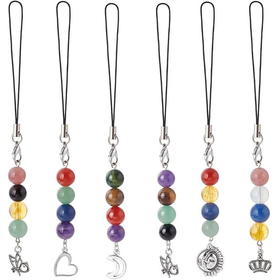 6pcs Gemstone Phone Charms Beaded Hanging Charms with Alloy Pendants Mobile Phone Straps Lanyard Charms for Women Purse Keychain Pendants Moblie Phone Cases Home Decor for DIY