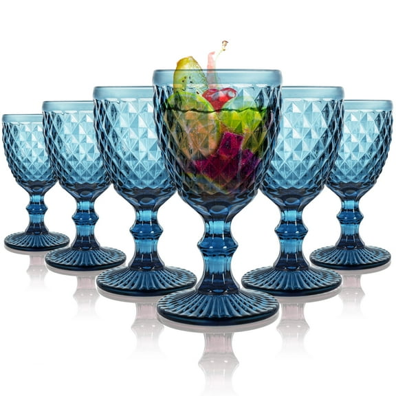 6pcs Glass Goblet Vintage, 8.5oz Stemware Wine Glass Sets, Drinking Glasses Retro Embossed Footed Glassware Wine Goblet for Iced Beverage Wine Cocktail（Blue）