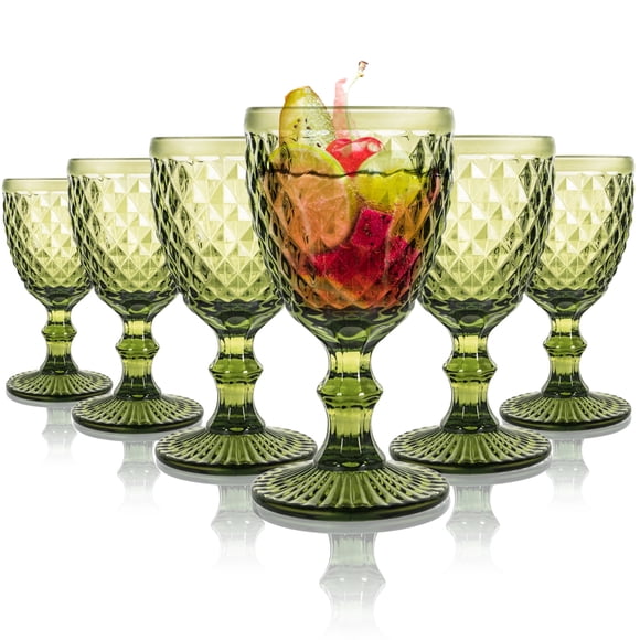 6pcs Glass Goblet Vintage, 8.5oz Stemware Wine Glass Sets, Drinking Glasses Retro Embossed Footed Glassware Wine Goblet for Iced Beverage Wine Cocktail（Green）