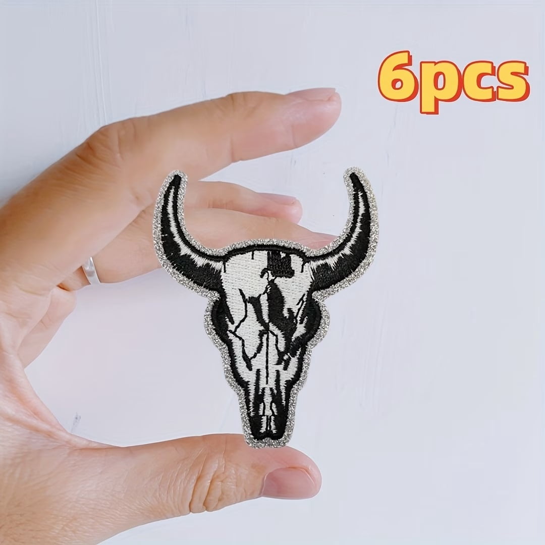 6pcs Glitter Bull Head Iron-On Embroidered Patches for DIY Clothing, Hats, Bags & Shoes