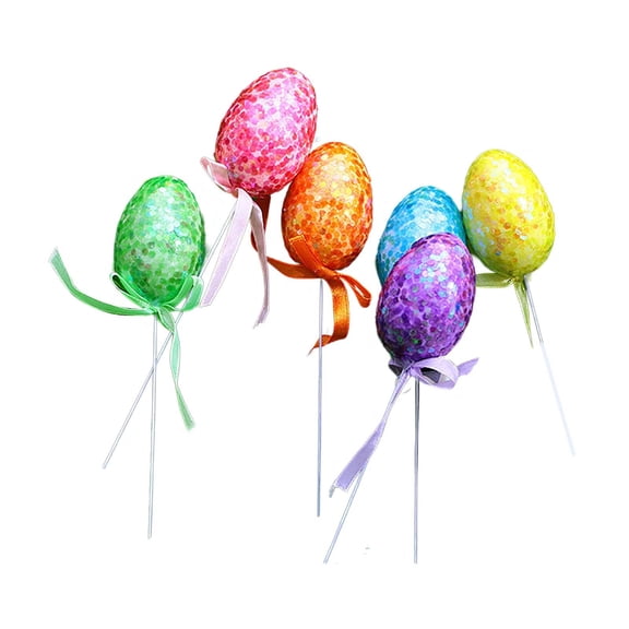 6pcs Glitter Easter Egg Picks Foam Crafts Wooden Stake Decoration Cake Topper Sticks Garden Ornament