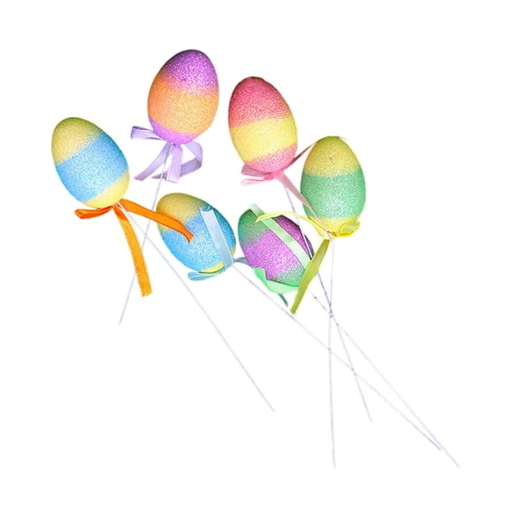 6pcs Glitter Easter Egg Picks Foam Crafts Wooden Stake Decoration Cake Topper Sticks Garden Ornament