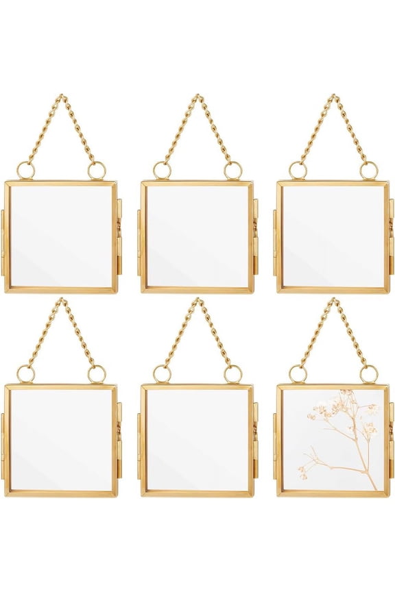 6pcs Gold Mini Glass Hanging Frame 2.7x2.7x0.3 Inch Gold Metal Picture Frames Clear Double Glass Floating Frame Hanging Artwork Display Frame Glass Frame for Pressed Flowers Leaf and Artwork DIY