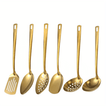 6pcs Gold-Plated Stainless Steel Kitchen Utensil Set - Includes Soup Spoon, Colander, Frying Shovel & More - Essential Cooking Tools for Home Chefs