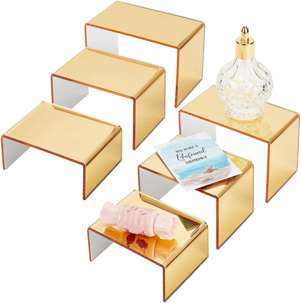 6pcs Golden Acrylic Display Risers Product Stand Shelf 3-Tier Perfume ...