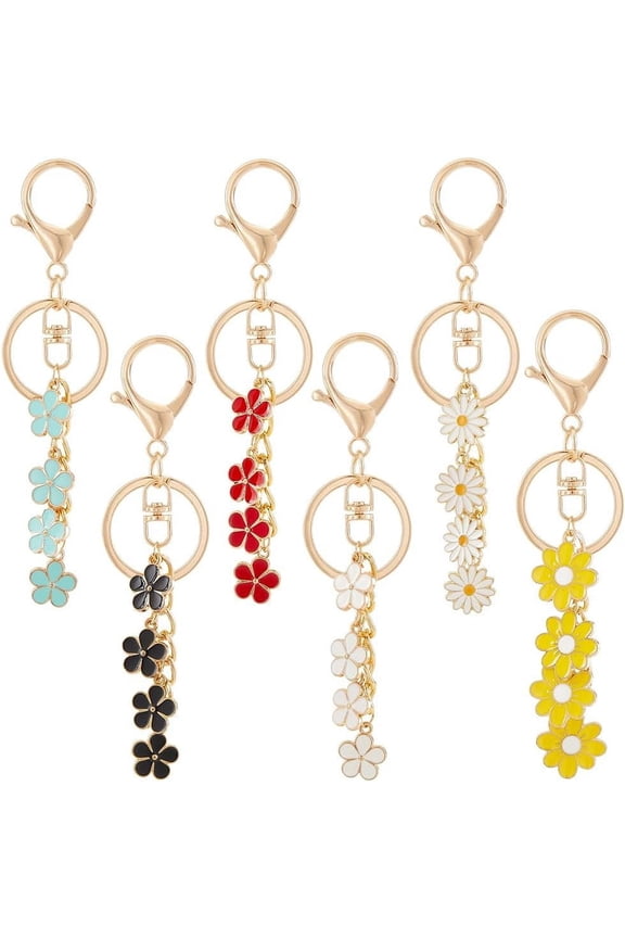 6pcs Golden Flower Keychain Cute Key Chain Cherry Daisy Key Chains 6 Color Enamel Keychain Accessories Metal Split Key Rings Bulk for Wallet Handbag Women Gifts Purse Crafts 1set