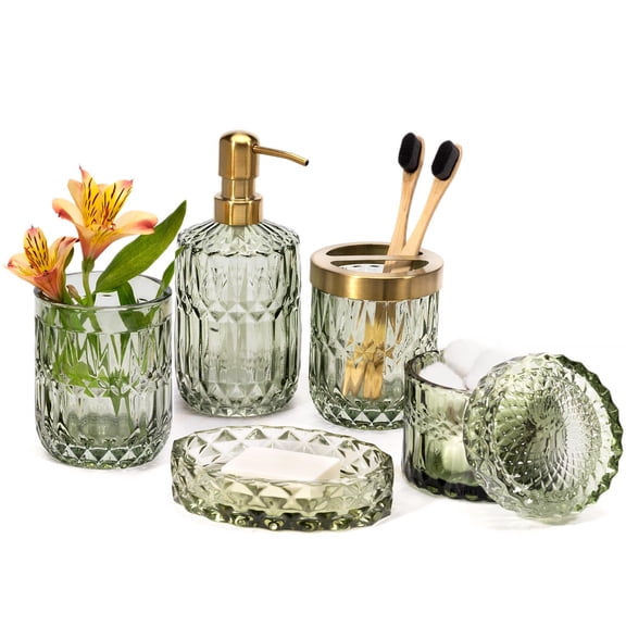 6pcs Green Glass Bathroom Accessories Set