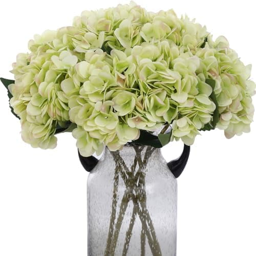 6pcs Green Silk Hydrangea Artificial Flowers Fake Hydrangeas with Stems Faux Hydrangea Bouquets for Wedding Arrangements Home Party Table Decoration (Lime Green)