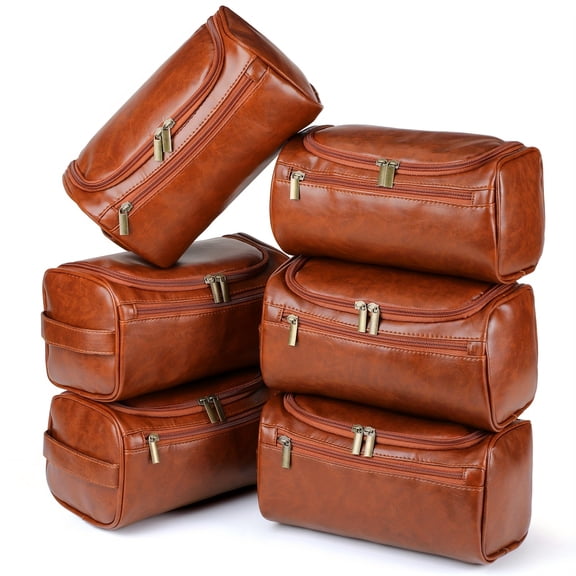 6pcs Groomsmen Gift Groomsmen Toiletry Bags Set Of 6 R Toiletry Bag for Men with Hook Wedding Proposal Bag with Side Handle Father Gift(Brown)