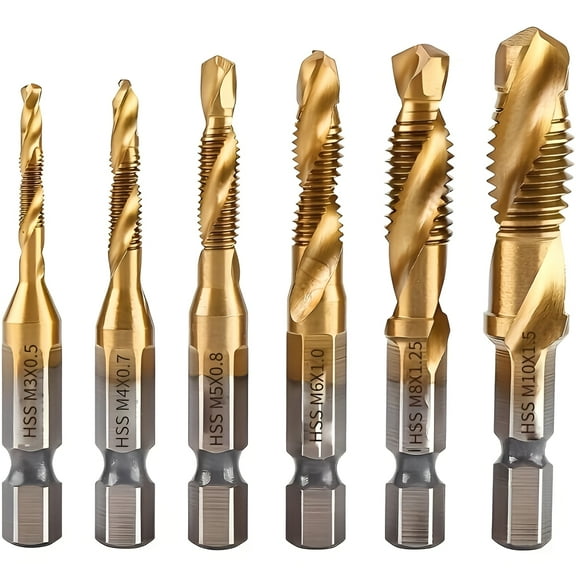 6pcs HSS Combination Drill and Tap Set 1/4 Inch Hex Shank Screw Tapping Bit Titanium Coated Tap Drill Bit M3 M4 M5 M6 M8 M10