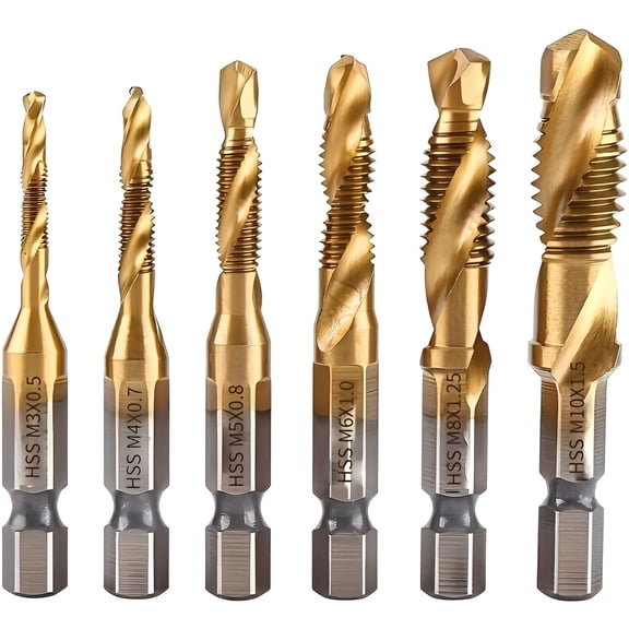 6pcs HSS Combination Drill and Tap Set 1/4 Inch Hex Shank Screw Tapping Bit Titanium Coated Tap Drill Bit M3 M4 M5 M6 M8 M10
