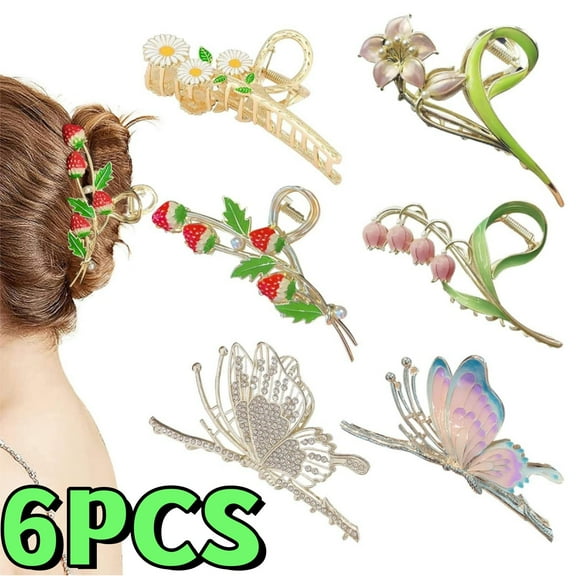 6pcs Hair Claw Clips for Women, Large Strong Metal Butterfly Hair Clips Flower Hair Clips for Women Thick Hair