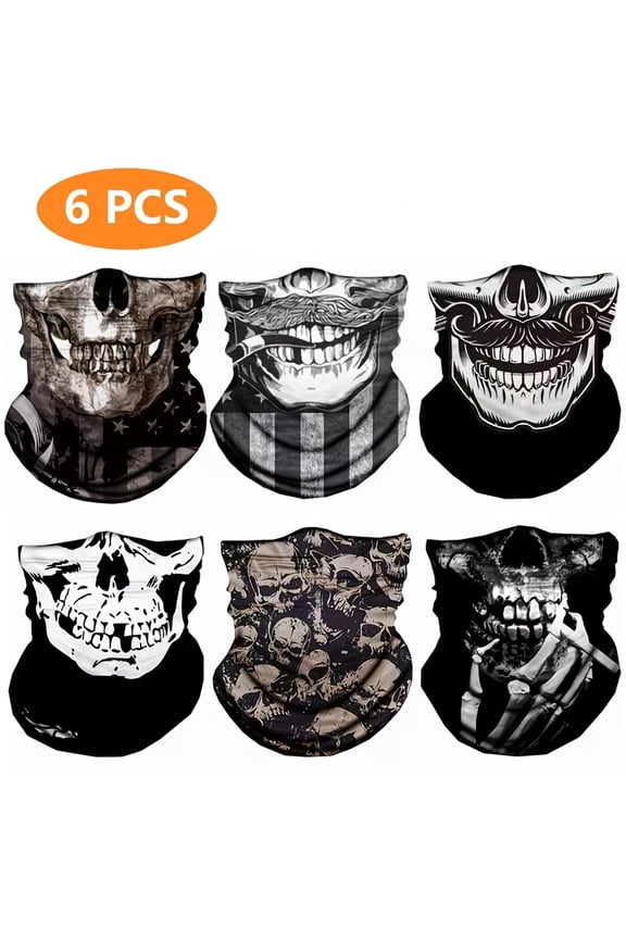 6pcs Halloween Ghost Skull Tube Bandanas Face Mask for Cold Weather, Neck Gaiter Shield Scarf Elastic Balaclava Headbands Headwear, Windproof Skull Bandana , Outdoor Sports Cycling Fishing Equipment