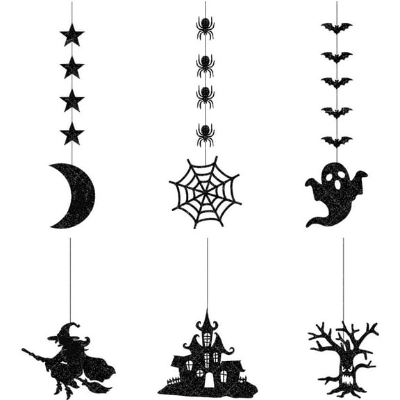 6pcs Halloween Party Hanging Decoration Black Pendant Spider Witch Ghost Bat Paper Pendant Ceiling Hanging Ornaments