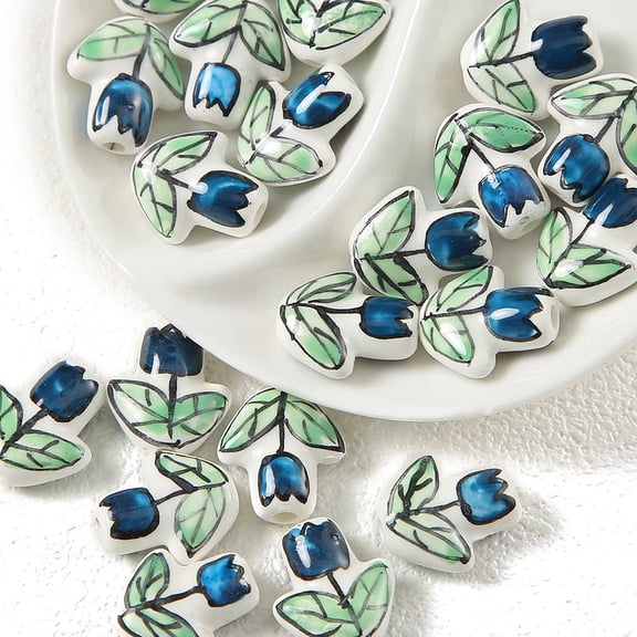 6pcs Handmade Porcelain Bright Glazed Beads Flower Medium Blue 10mm