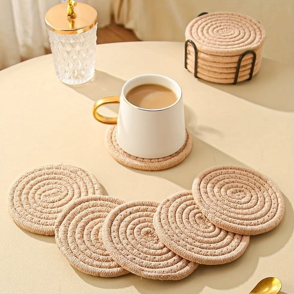 6pcs Handwoven Brown Coasters Set, Heat-Resistant, Non-Slip Table Mats for Kitchen & Dining, with No Electricity Needed, for Food Contact Not Allowed