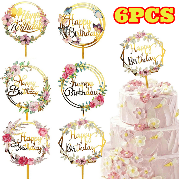 6pcs Happy Birthday Cake Topper Set, Gold Flower Acrylic Cupcake Toppers for Birthday Party Anniversary Pastries Decor