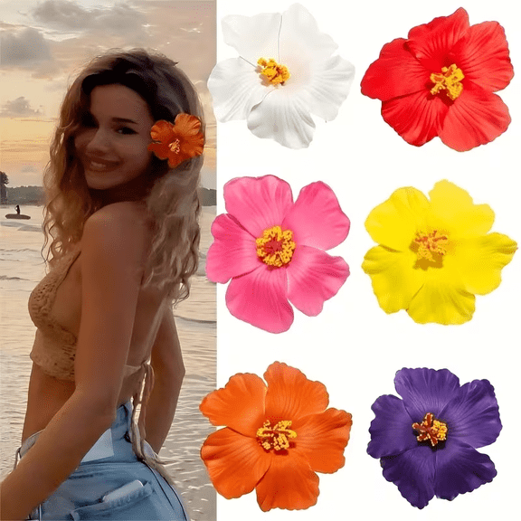 6pcs Hawaiian Flower Hair Clips for Women - 3.5 Inch Plumeria Hibiscus Rose Artificial Floral Barrettes for Girls, Beach Vacation Luau Wedding Party Hair Accessories
