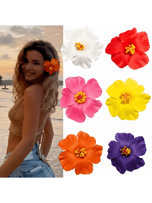 6pcs Hawaiian Flower Hair Clips for Women - 3.5 Inch Plumeria Hibiscus Rose Artificial Floral Barrettes for Girls, Beach Vacation Luau Wedding Party Hair Accessories